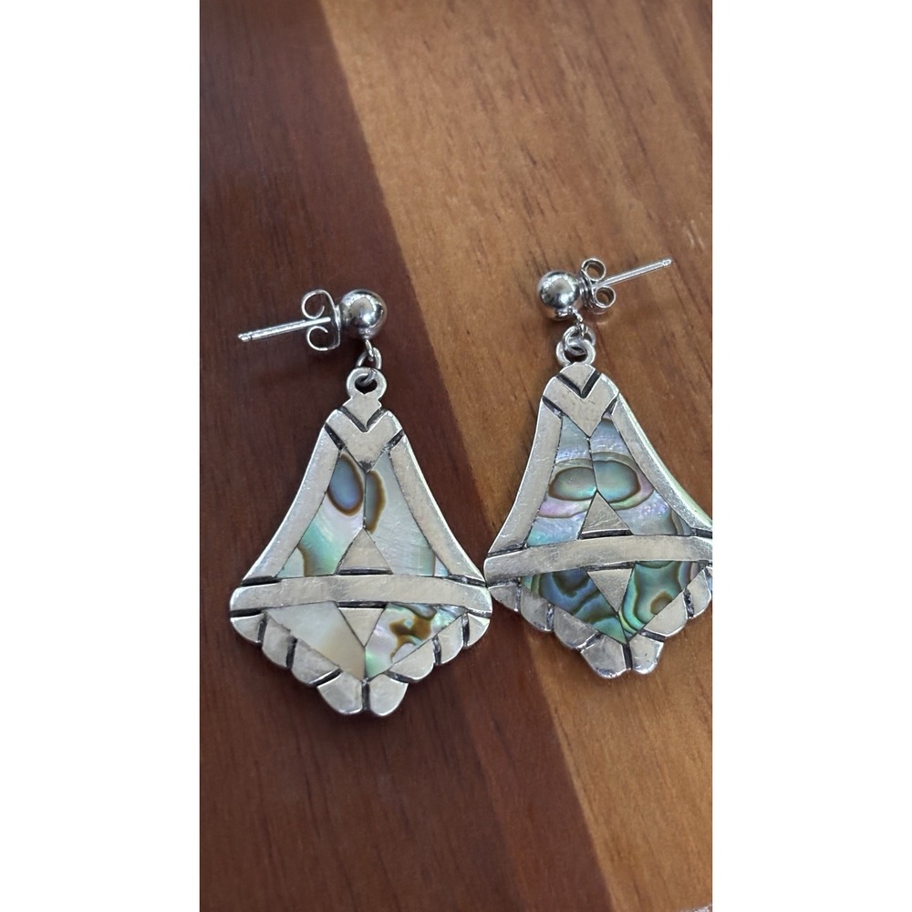 Vtg Estate Signed Mexico Silver Abalone Shell Inlay Dangle Earrings 9.2 Grams
